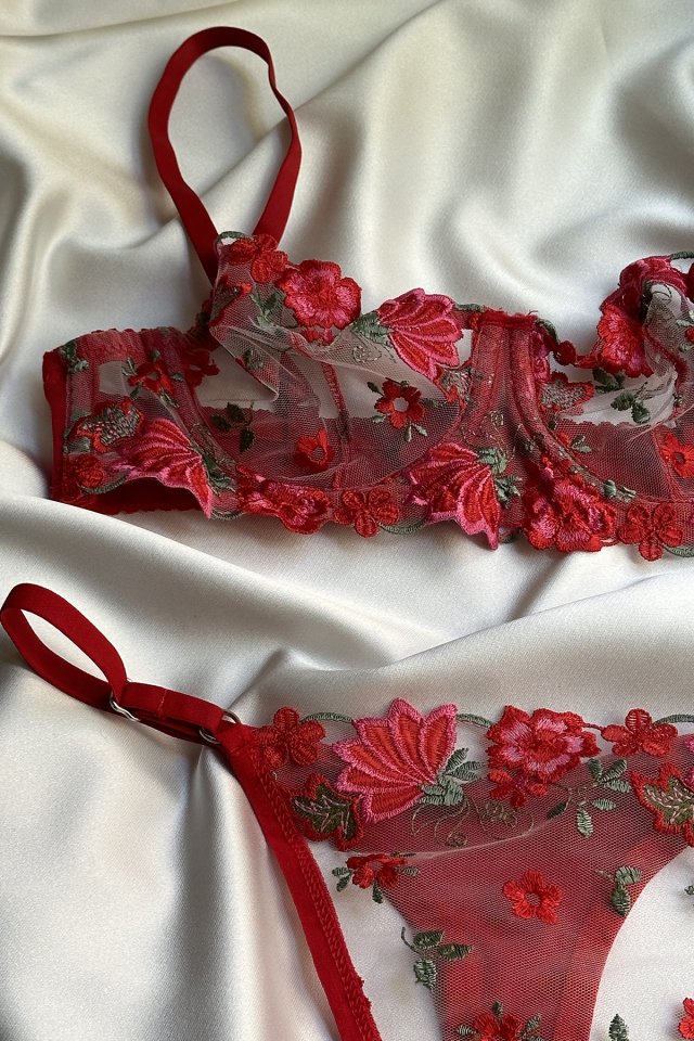 Red Flower Detail Tulle Lingerie ATE-1682 - 3