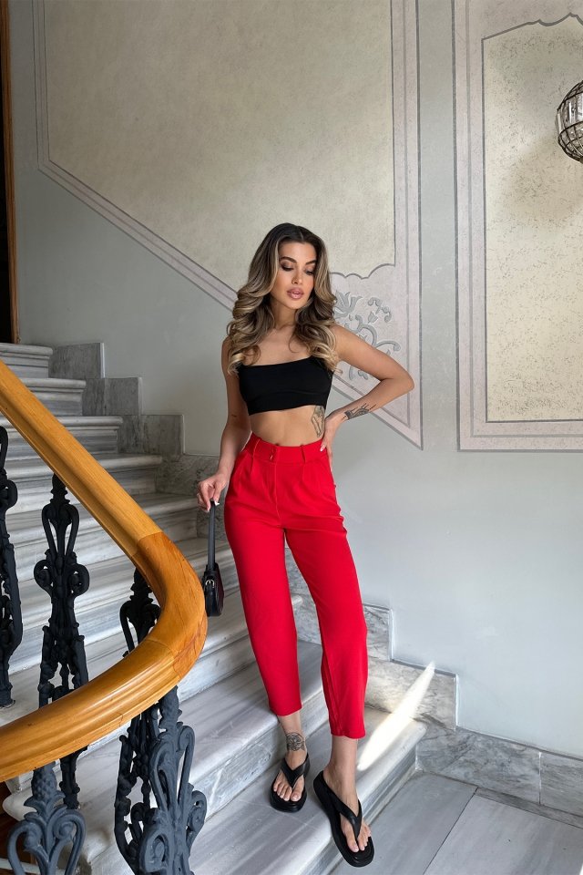 Red High Waist Mom Pants ATE6293 - 1