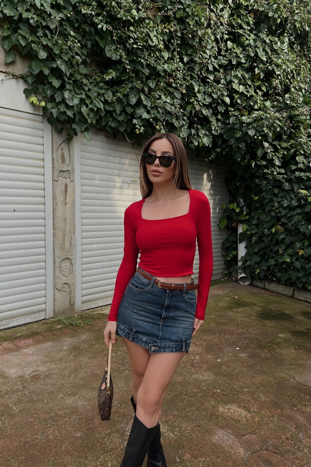 Red Square Collar Crop Top ATE4331 - 1