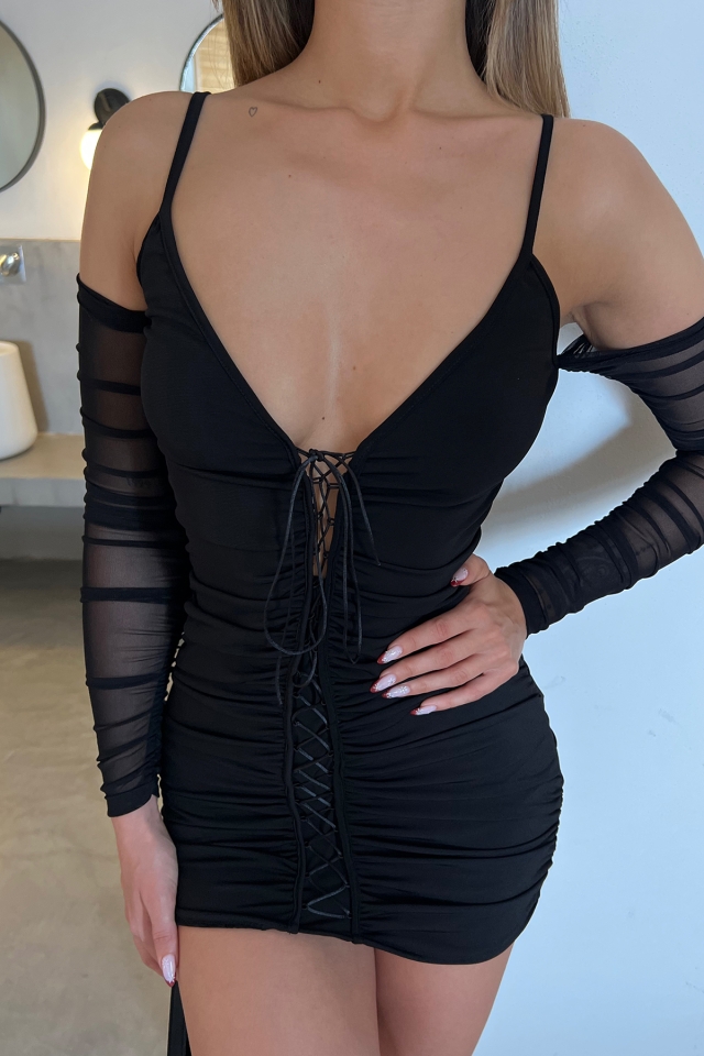 Siyah Askılı Bağlamalı Mini Elbise ATE4513 - 2