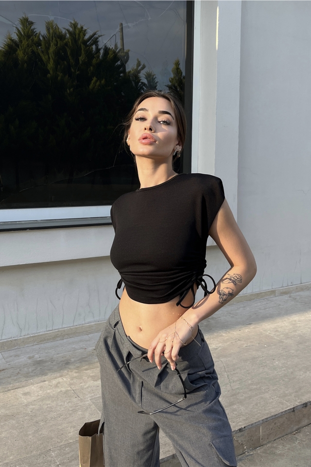 Siyah Bağlamalı Crop Top ATE6523 - 4