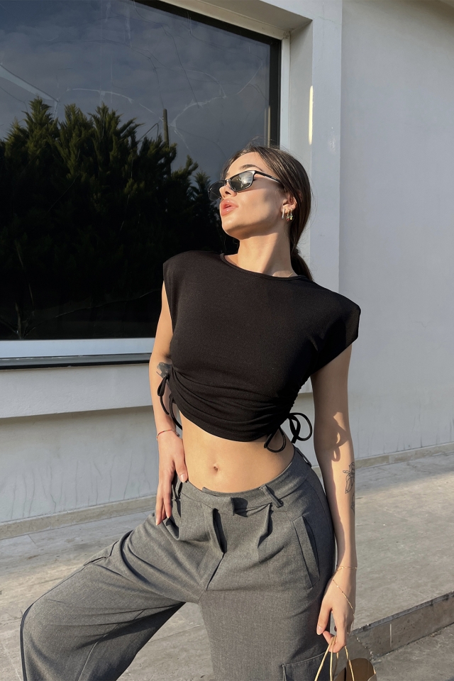Siyah Bağlamalı Crop Top ATE6523 - 2