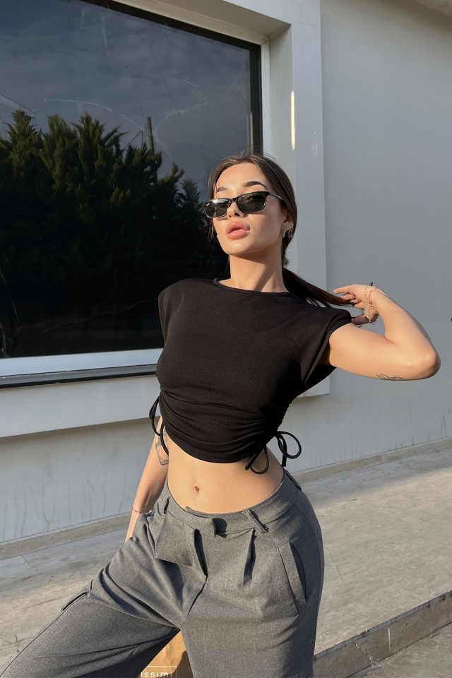 Siyah Bağlamalı Crop Top ATE6523 - 5