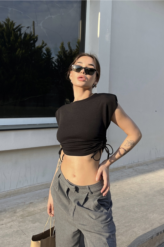 Siyah Bağlamalı Crop Top ATE6523 - 3