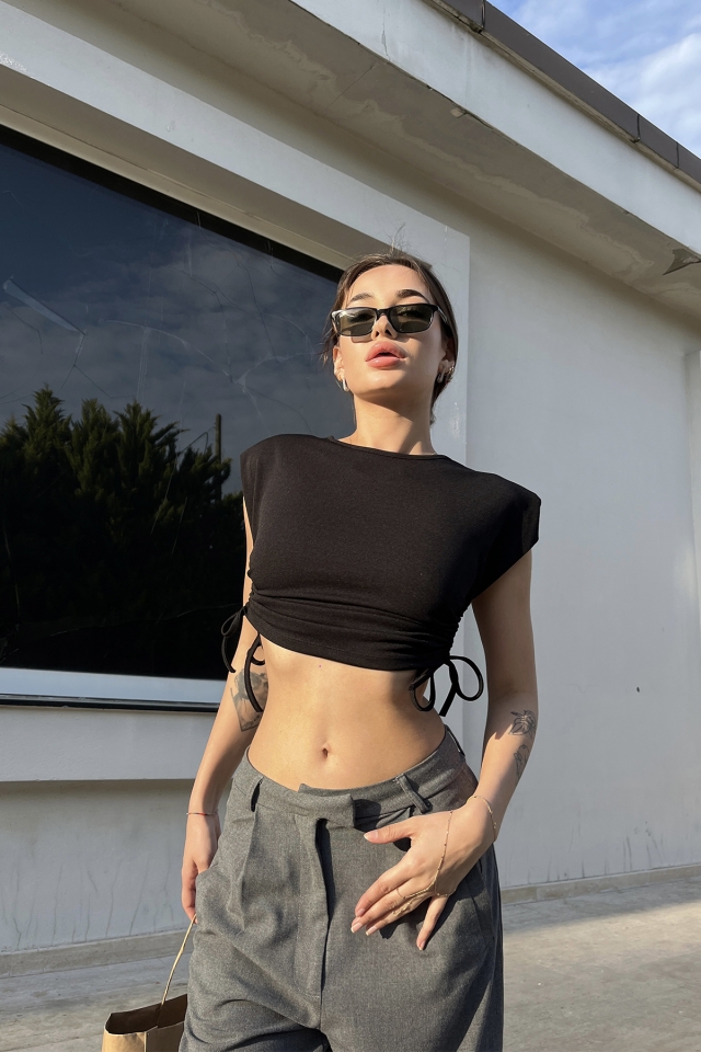 Siyah Bağlamalı Crop Top ATE6523 