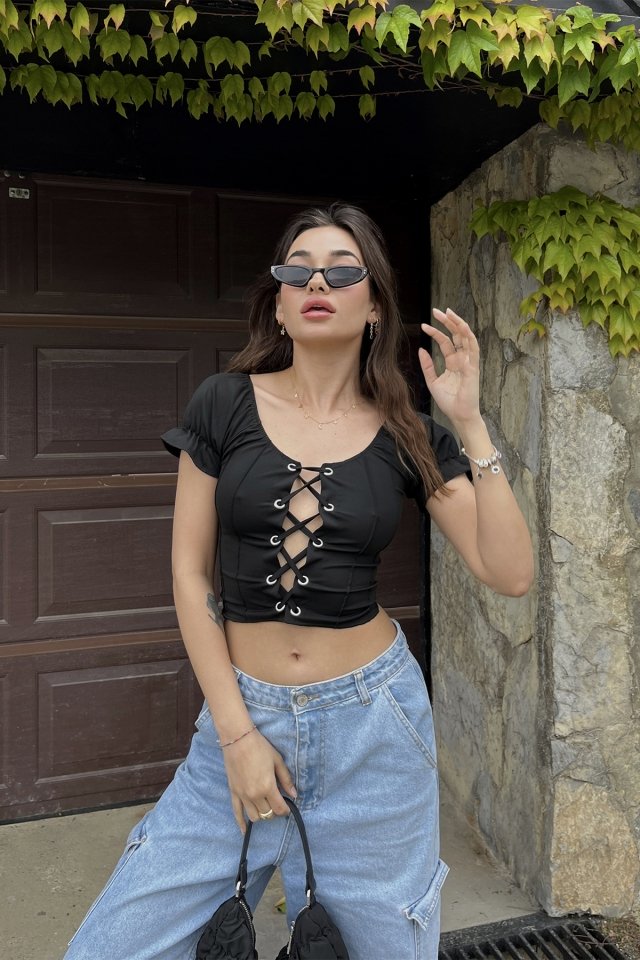 Siyah Bağlamalı Crop Top ATE6698 - 1