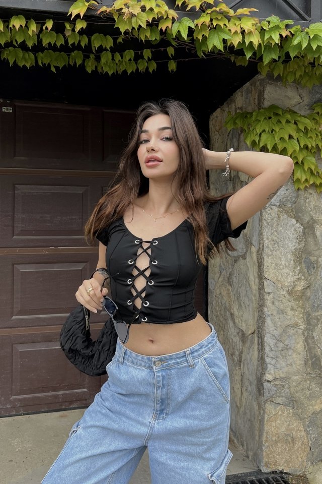 Siyah Bağlamalı Crop Top ATE6698 - 4