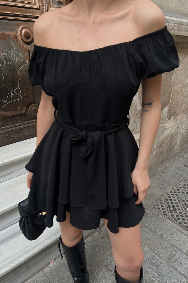 Siyah Bağlamalı Mini Elbise ATE5253 - 2