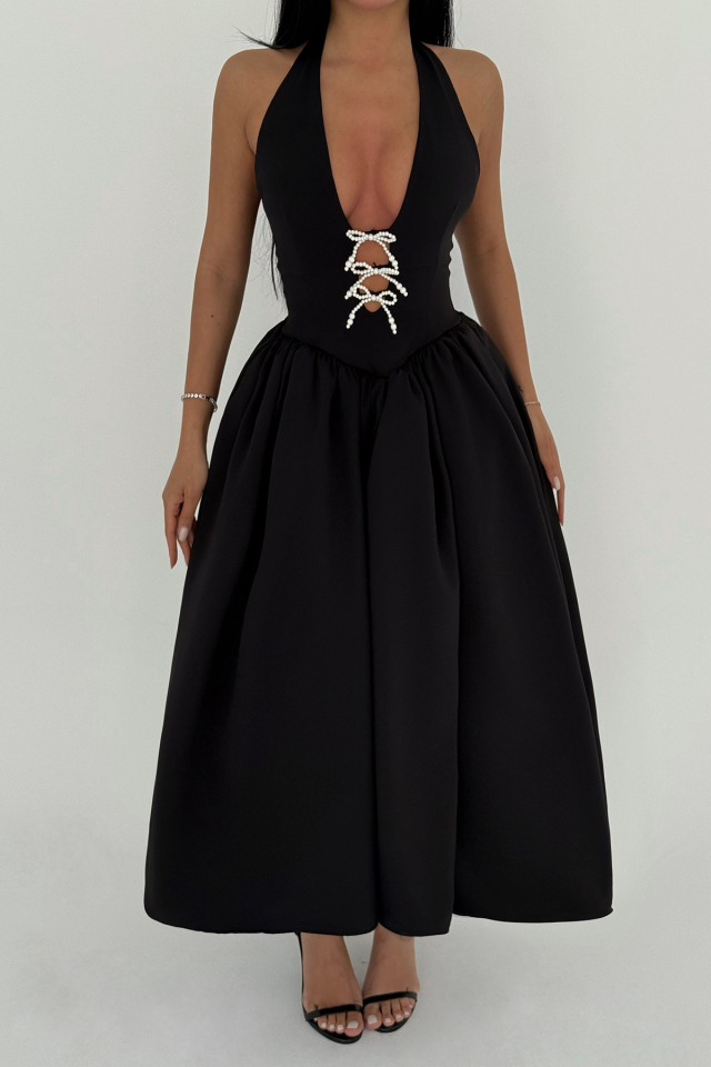 Siyah Ballerina İncili Fiyonk Detay Elbise ATE-2558 - 2
