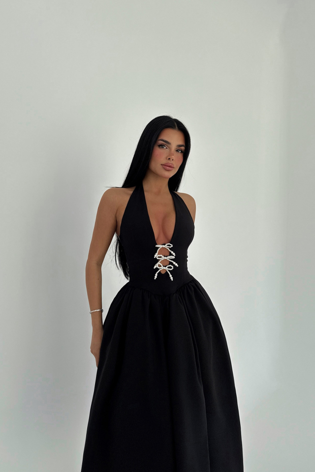 Siyah Ballerina İncili Fiyonk Detay Elbise ATE-2558 - 3