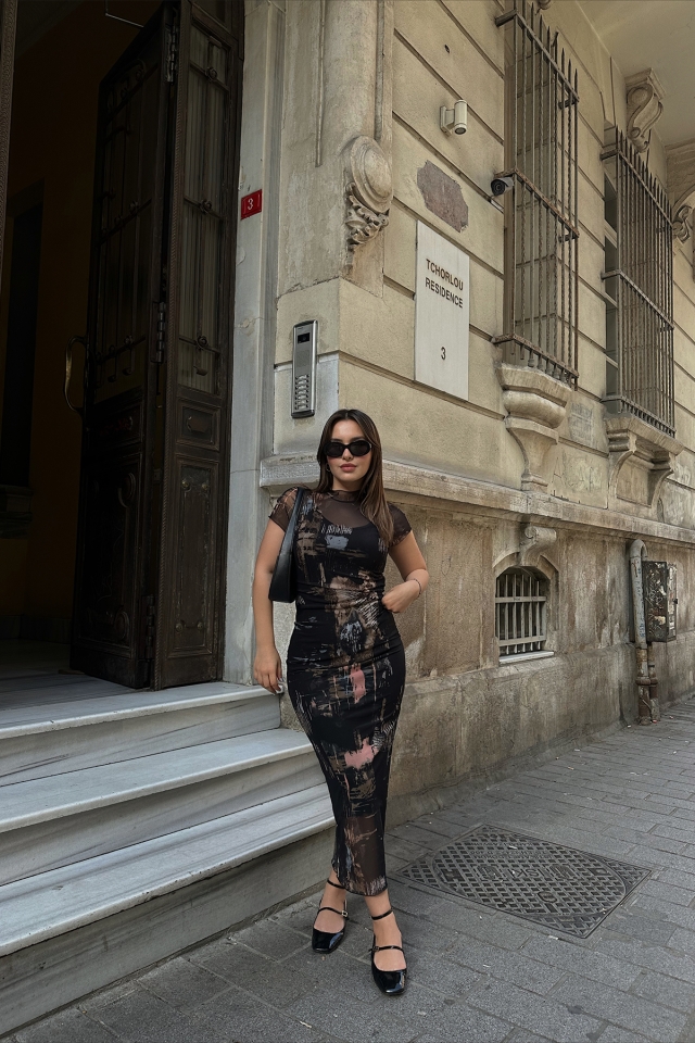 Siyah Batik Desen Uzun Elbise ATE6659 - 1