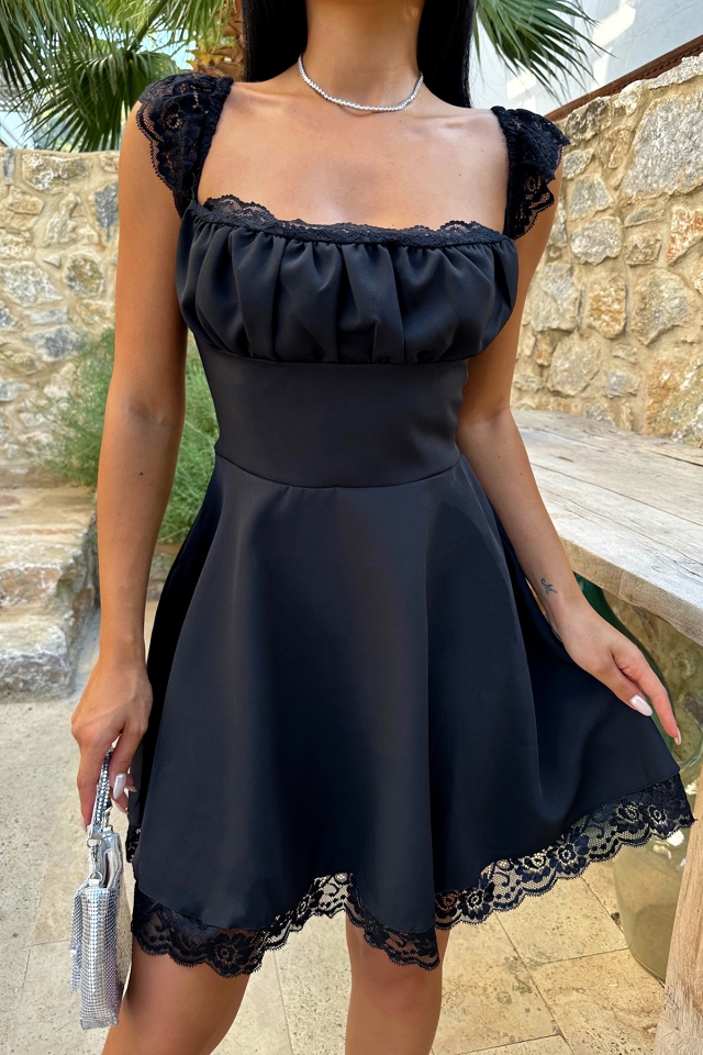 Siyah Dantel Detay Bağlamalı Elbise ATE7963 - 7