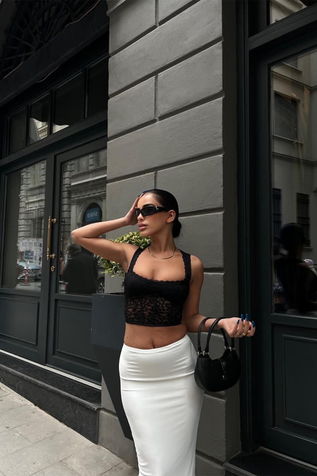 Siyah Dantel Detay Crop Top ATE6718 