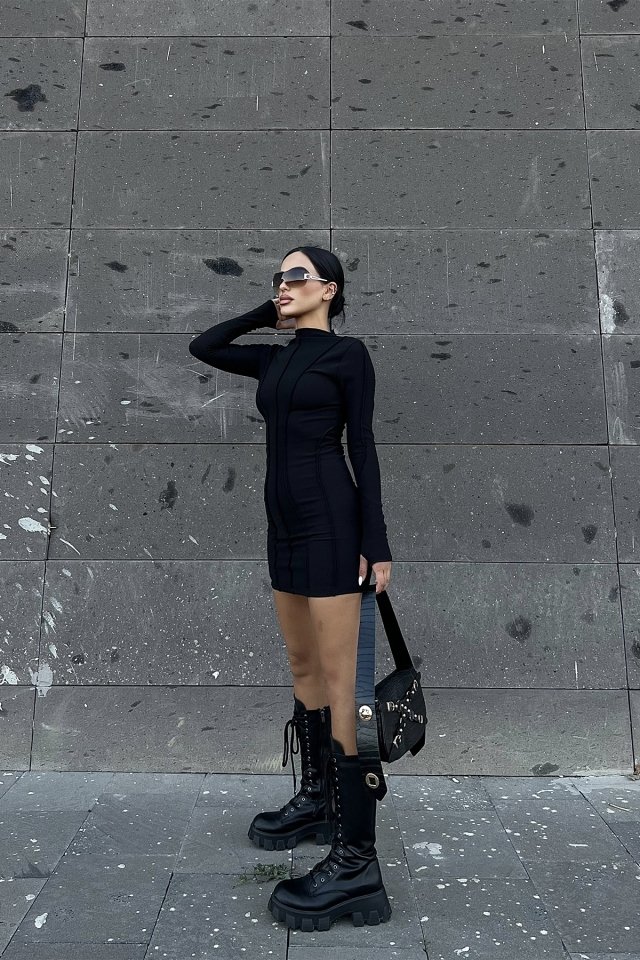Siyah Dikiş Detay Mini Elbise ATE2014 - 4