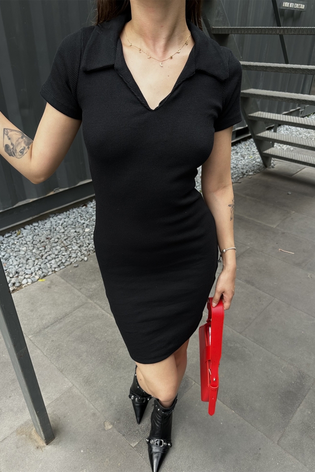 Siyah Gömlek Yaka Mini Elbise ATE7316 - 6