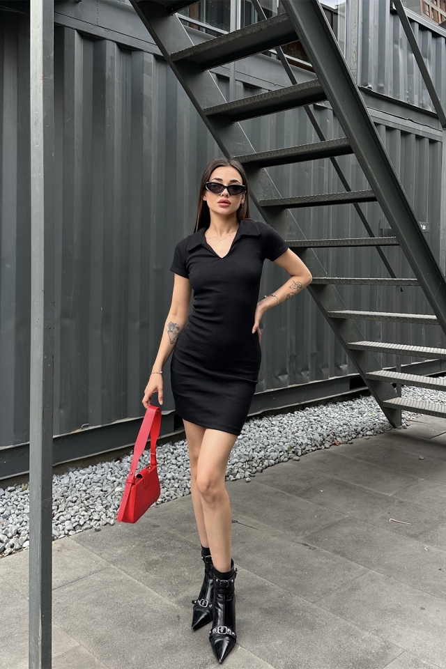 Siyah Gömlek Yaka Mini Elbise ATE7316 - 5