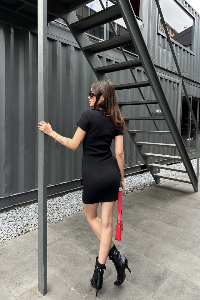Siyah Gömlek Yaka Mini Elbise ATE7316 - 9