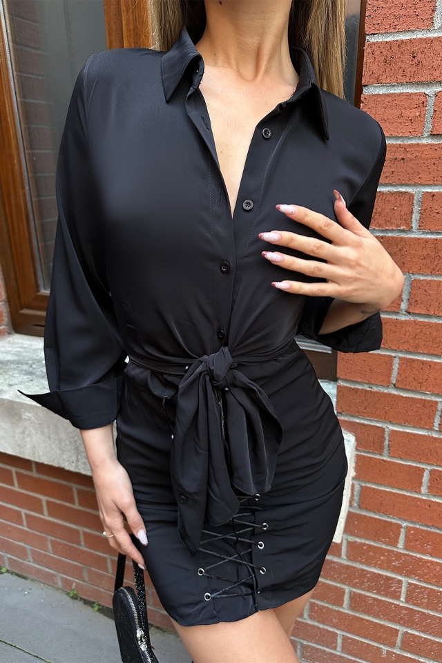 Siyah Gömlek Yaka Bağlamalı Mini Elbise ATE5289 - 2