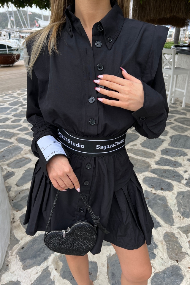 Siyah Gömlek Yaka Mini Elbise ATE4337 - 2