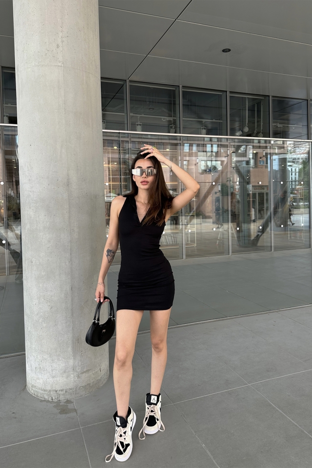 Siyah Gömlek Yaka Mini Elbise ATE7307 - 7