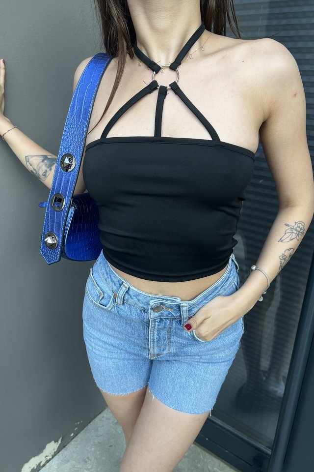 Siyah Halka Detay Crop Top ATE7153 - 2