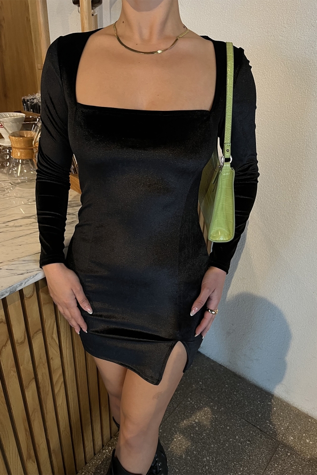 Siyah Kare Yaka Mini Elbise ATE2567 - 2