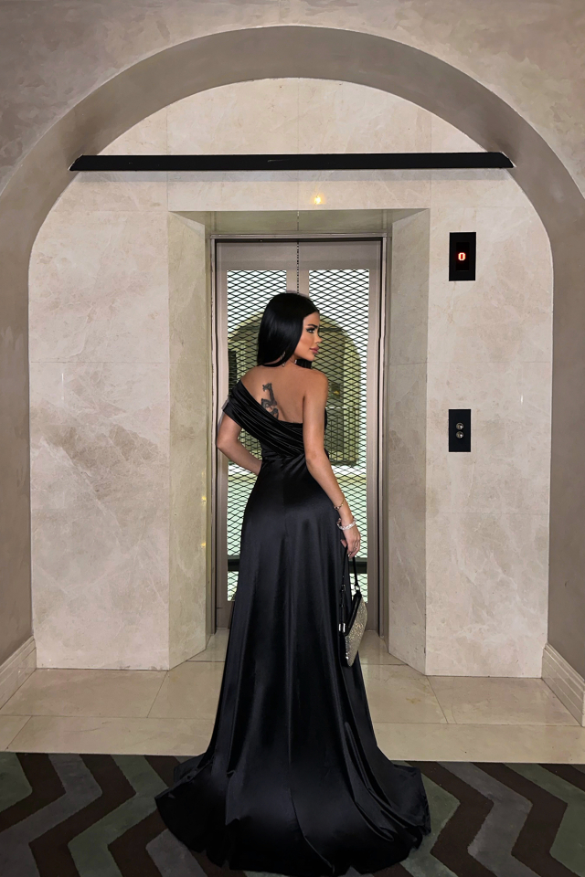 Siyah Omuz Detay Abiye Elbise ATEL2417 - 5