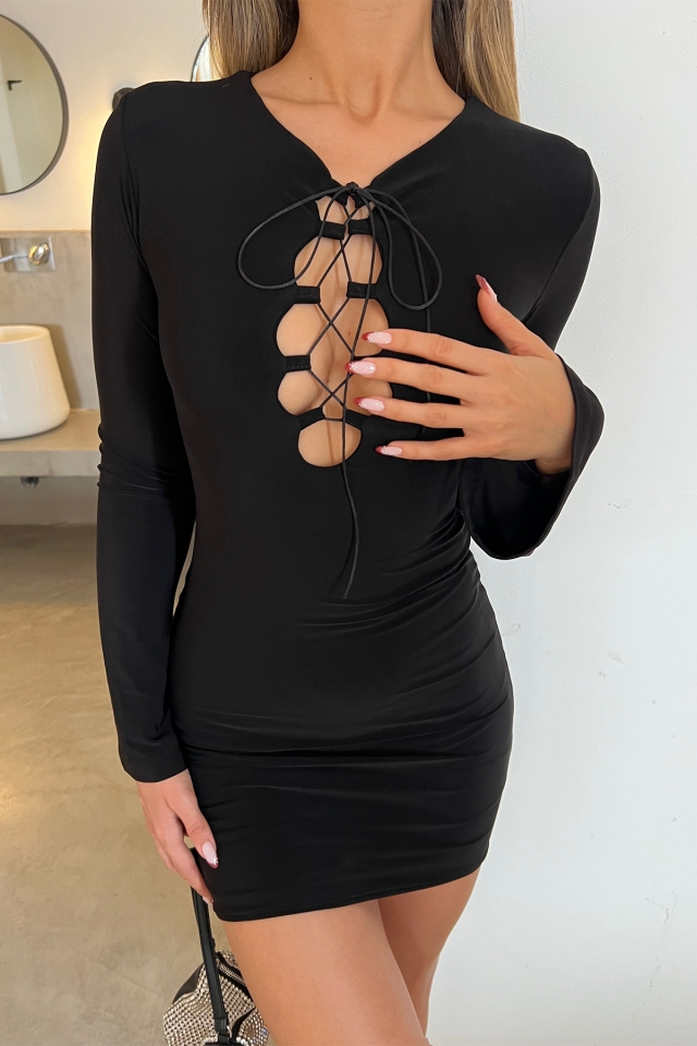 Siyah Önden Bağlamalı Mini Elbise ATE4545 - 2