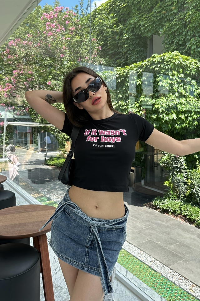 Siyah Önü Yazılı Crop Top ATE7326 - 4