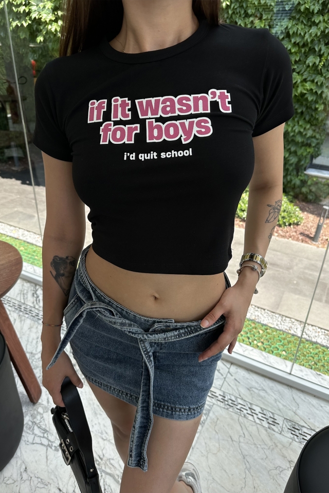 Siyah Önü Yazılı Crop Top ATE7326 - 2