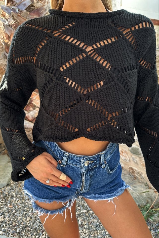 Siyah Örme Uzun Kol Crop Top ATE8092 - 2