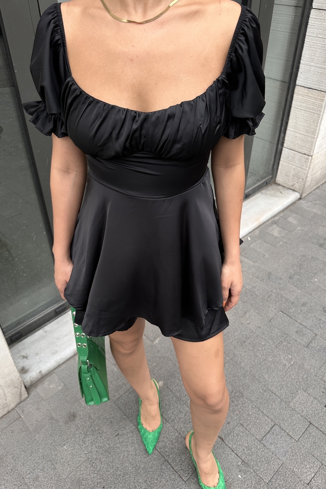Siyah Saten Mini Elbise ATE7433 - 2
