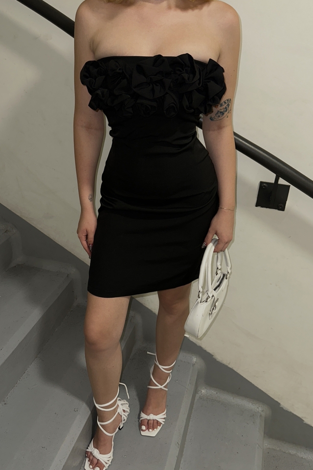 Siyah Straplez Mini Elbise ATE7887 - 8