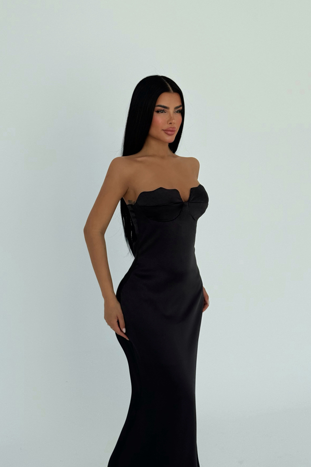 Siyah Galian Straplez Uzun Elbise ATE-2360 - 2