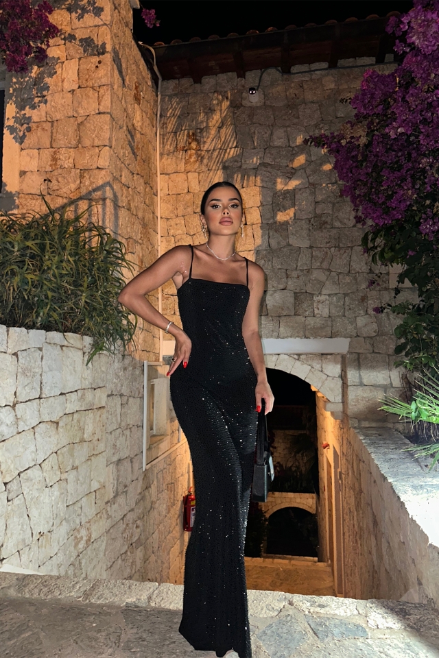Siyah Taşlı Uzun Elbise ATE7531 - 7