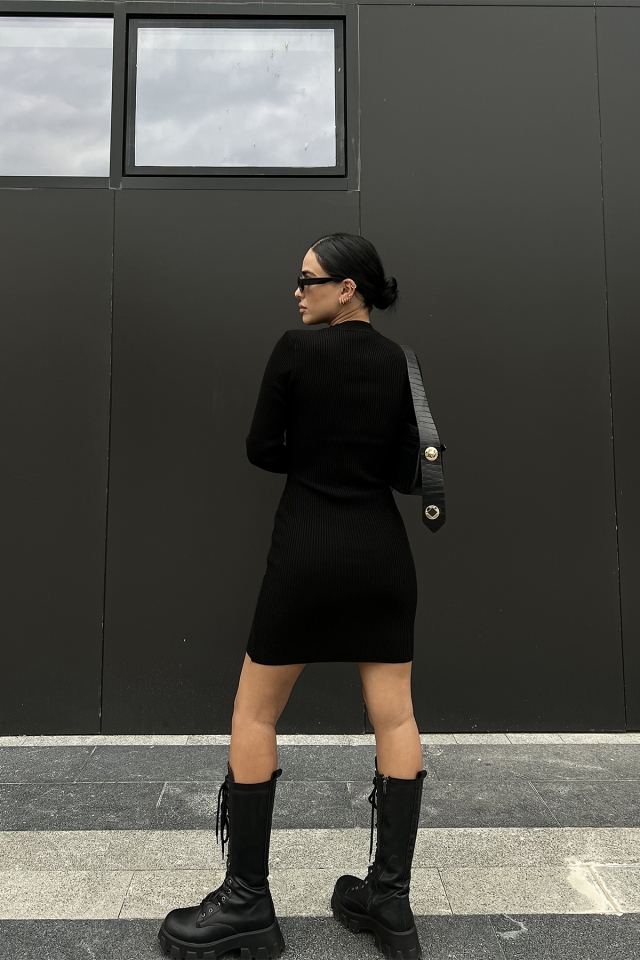 Siyah Triko Bağlamalı Elbise ATE2073 - 5