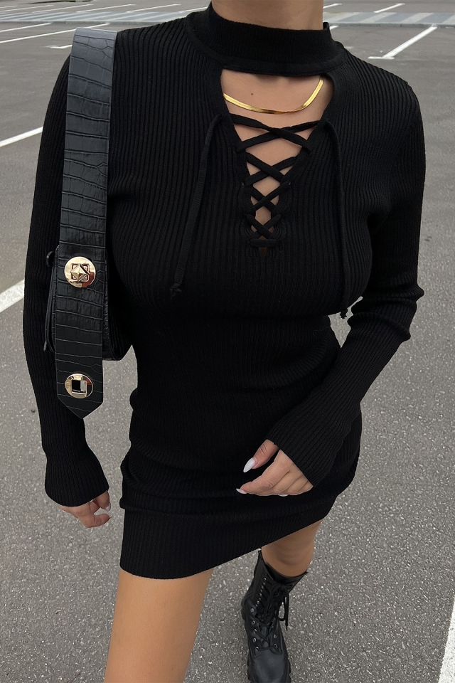 Siyah Triko Bağlamalı Elbise ATE2073 - 2