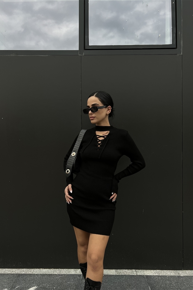 Siyah Triko Bağlamalı Elbise ATE2073 - 3