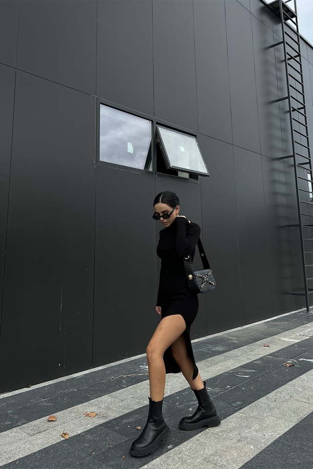 Siyah Triko Yırtmaç Detay Elbise ATE2052 - 4