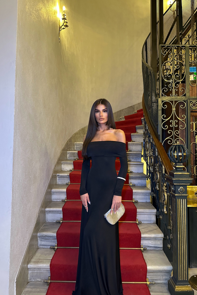 Siyah Uzun Kol Basic Elbise ATE-0160 - 7
