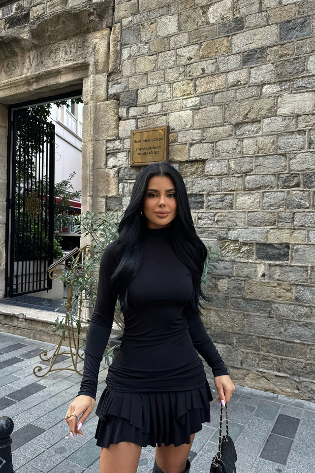 Siyah MARY Uzun Kol Elbise ATE-0392 - 1