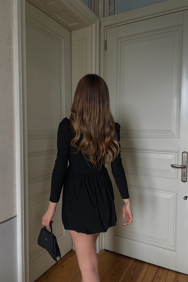 Siyah Uzun Kol Mini Elbise ATE3653 - 3