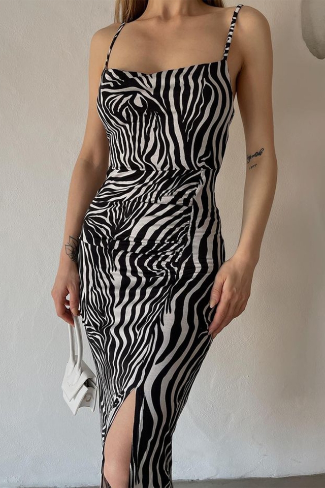 Siyah Zebra Desen Uzun Elbise ATE3885 - 2