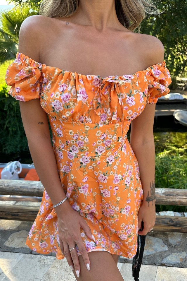 Turuncu Çiçek Desen Bağlamalı Elbise ATE7262 - 2