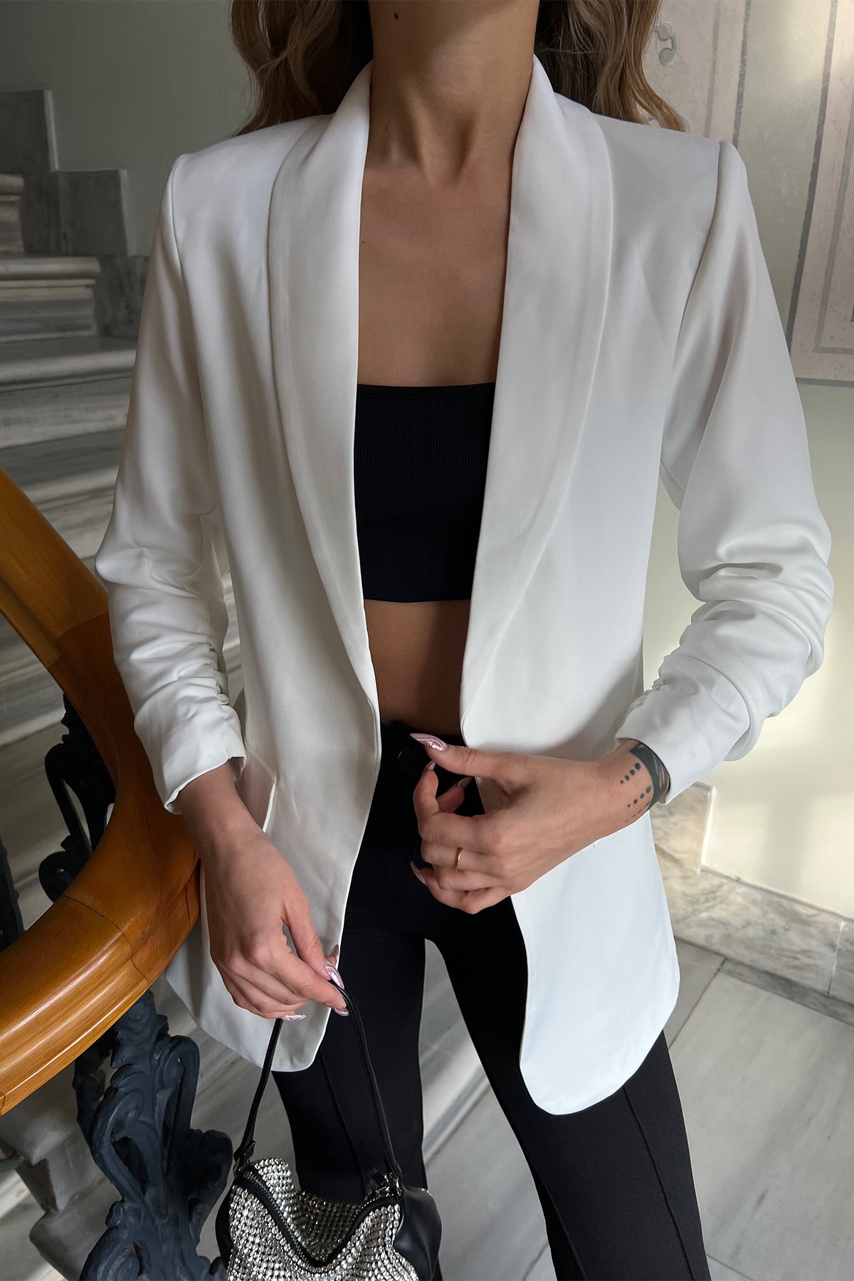 White Double Breasted Collar Blazer Jacket ATE4362 - 2