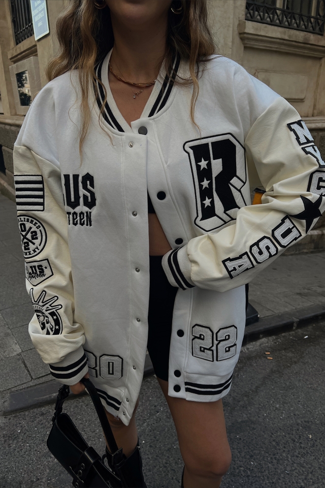 White Leather-Sleeve College Jacket ATE2245 - 3
