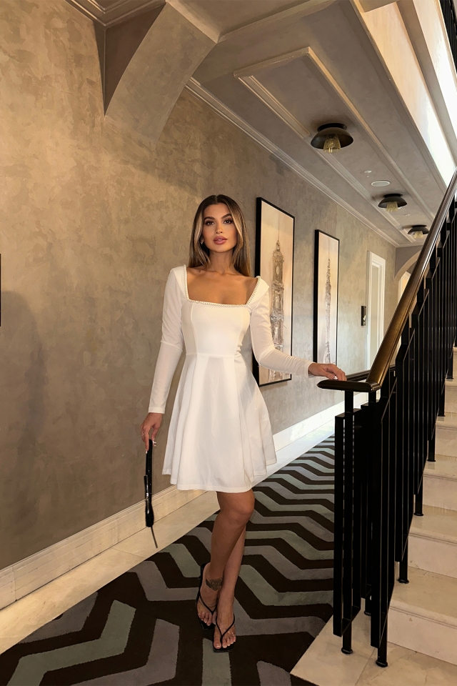 White Square Collar Pearl Detail Mini Dress ATE6916 - 4
