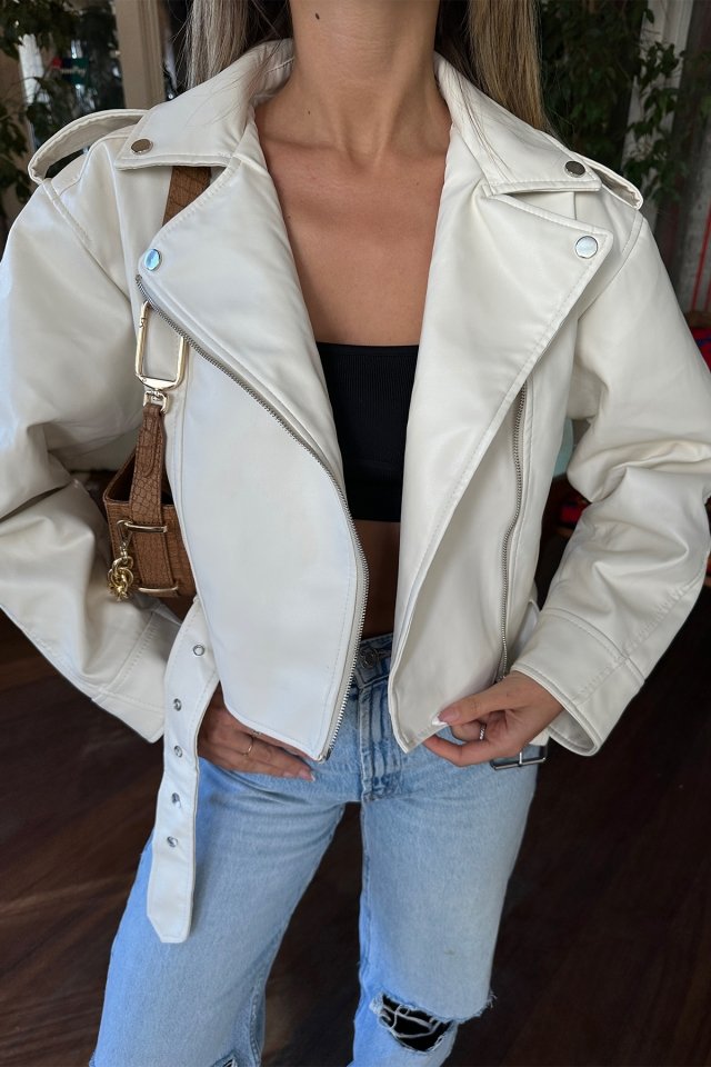 White Zipper Detail Leather Jacket ATE6807 - 2