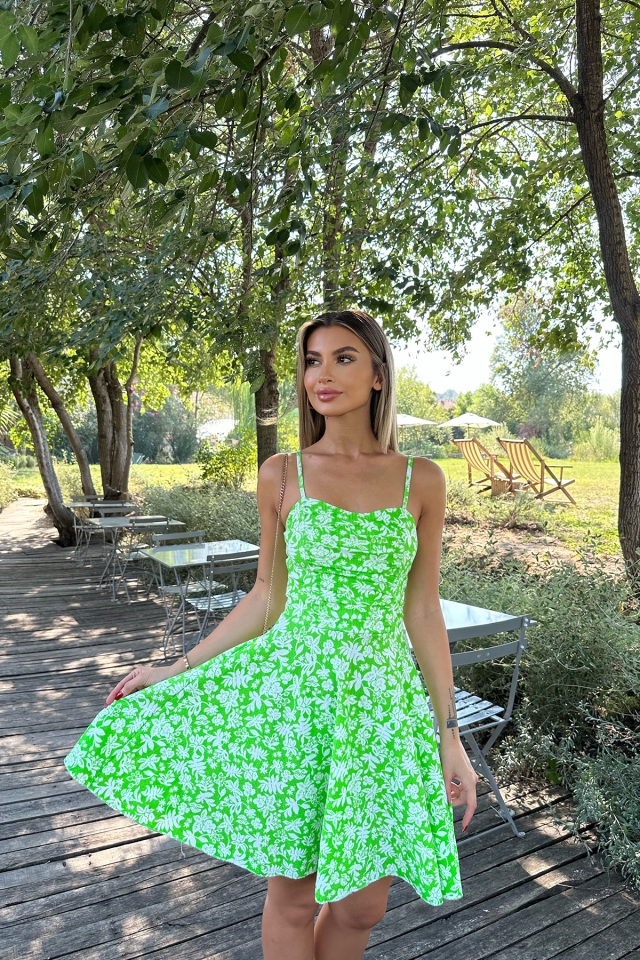Yeşil Askılı Çiçek Desen Mini Elbise ATE8054 - 1