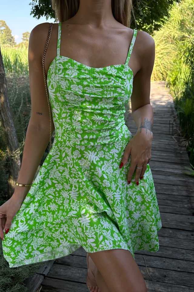 Yeşil Askılı Çiçek Desen Mini Elbise ATE8054 - 2